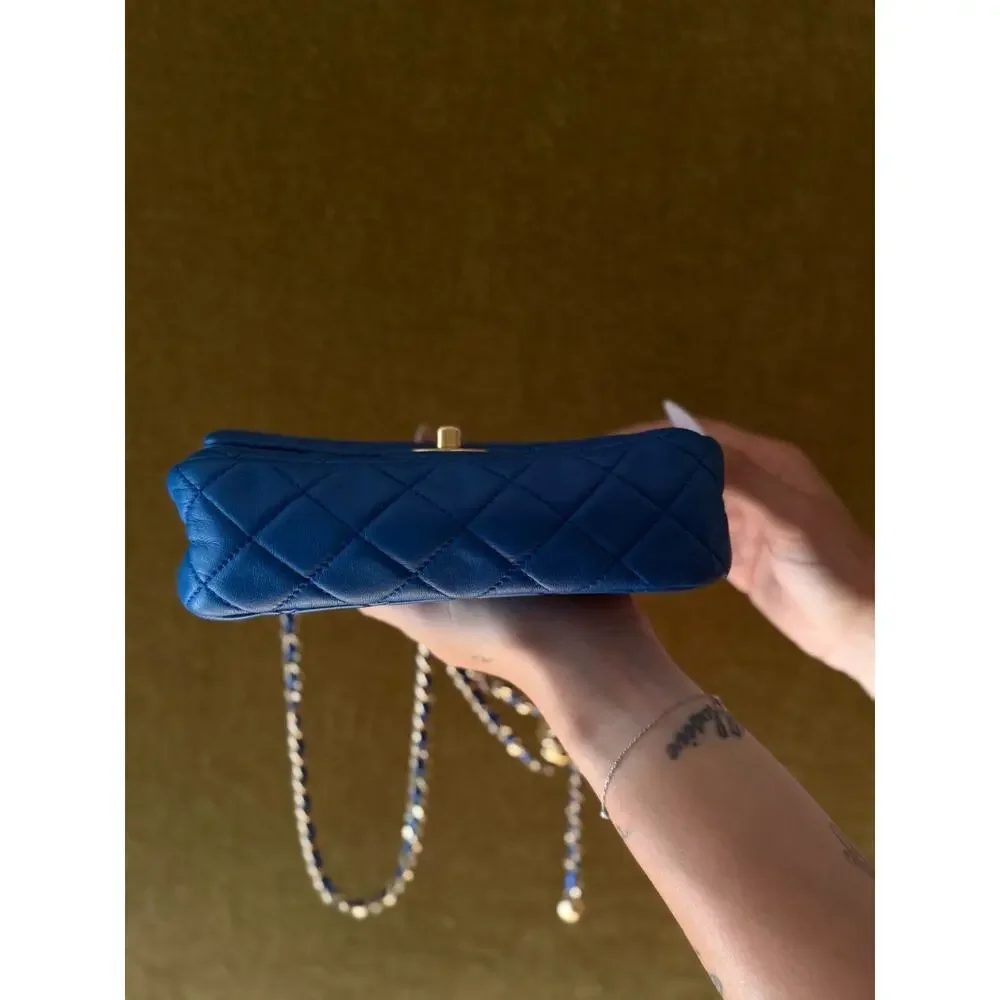 Chanel 22B Blue Lambskin Mini Square Pearl Crush Flap Bag Full Set-microchip